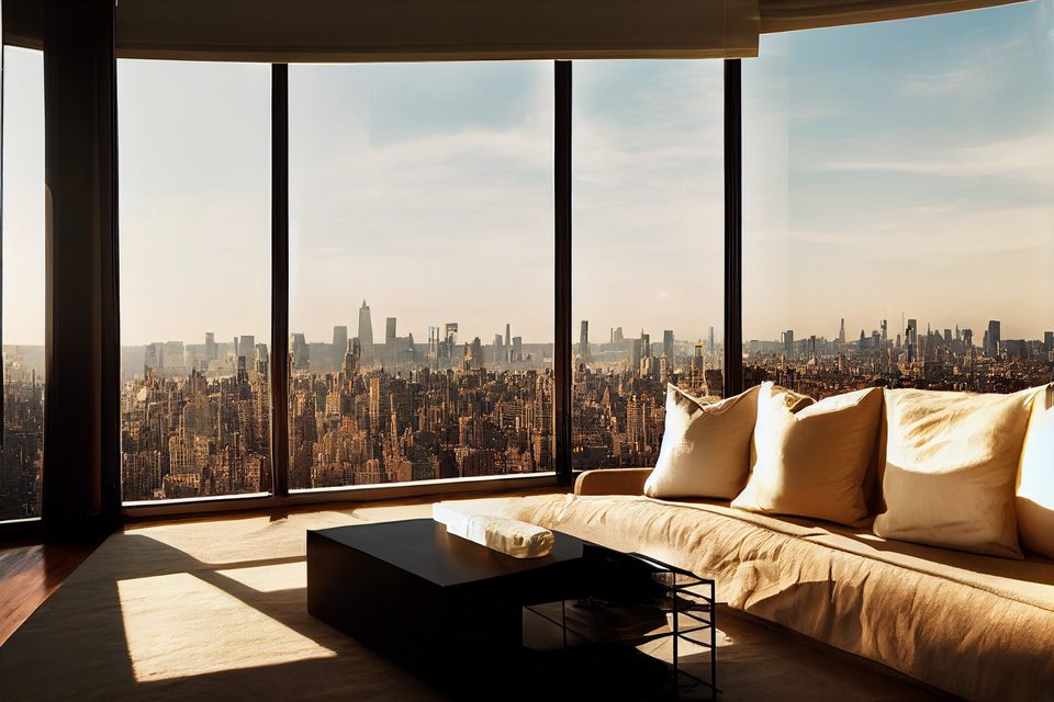 Manhattan skyline at dusk from a living room